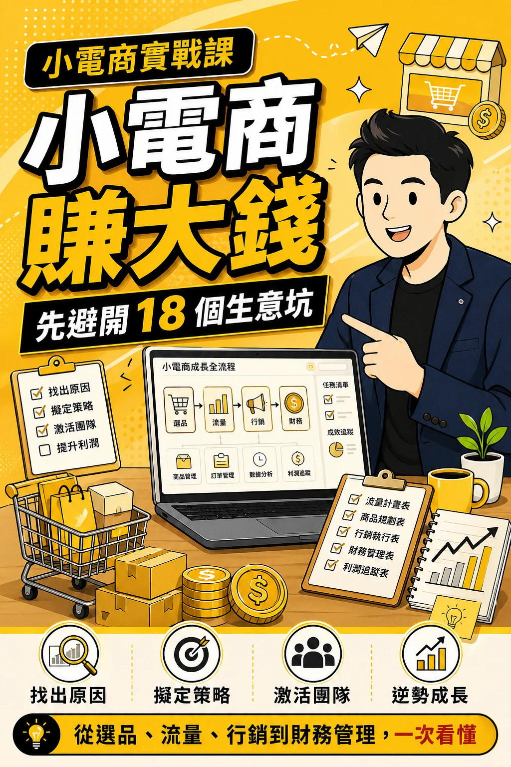 小電商賺大錢課程銷售頁首圖：先避開 18 個生意坑